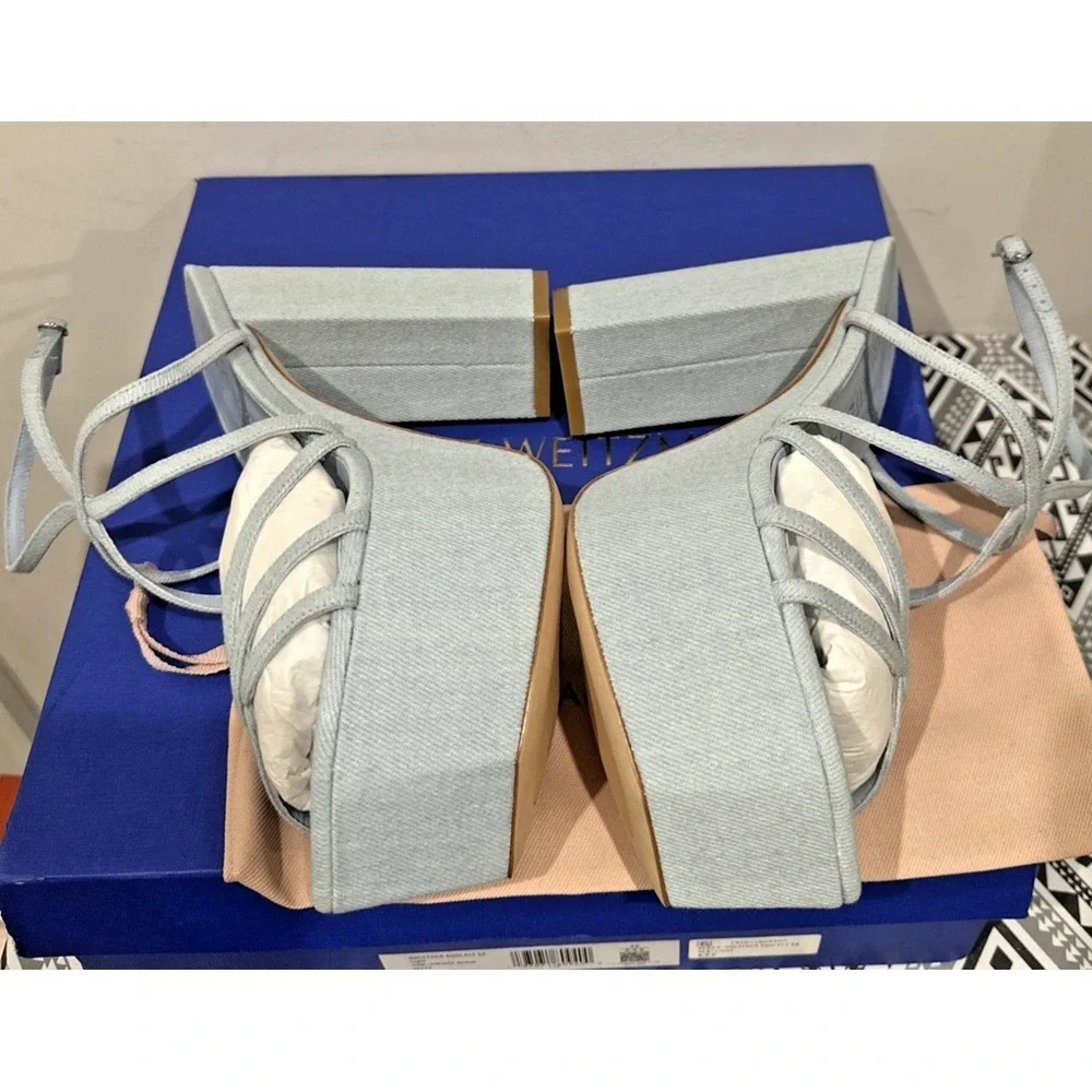 Stuart Weitzman EU 39/8.5B Barely There Sq Hi Platform‎ Sandals Vint Light Denim